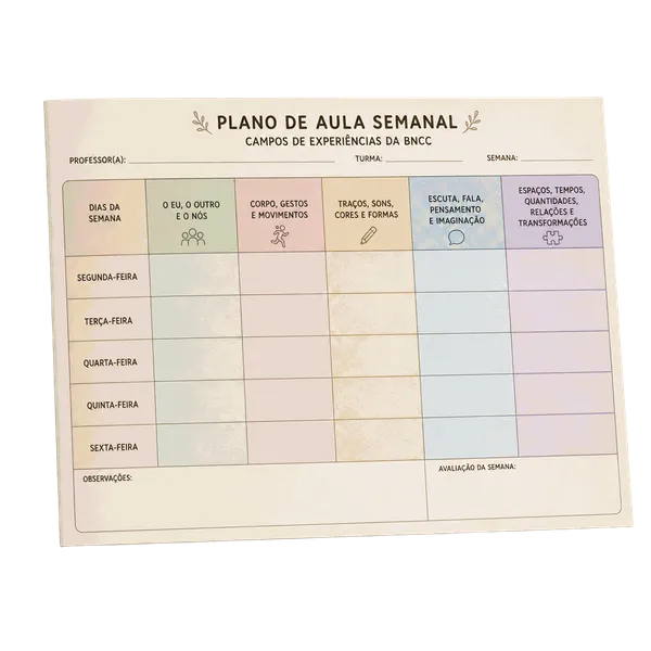 Planilha de Planejamento Semanal com os 5 Campos